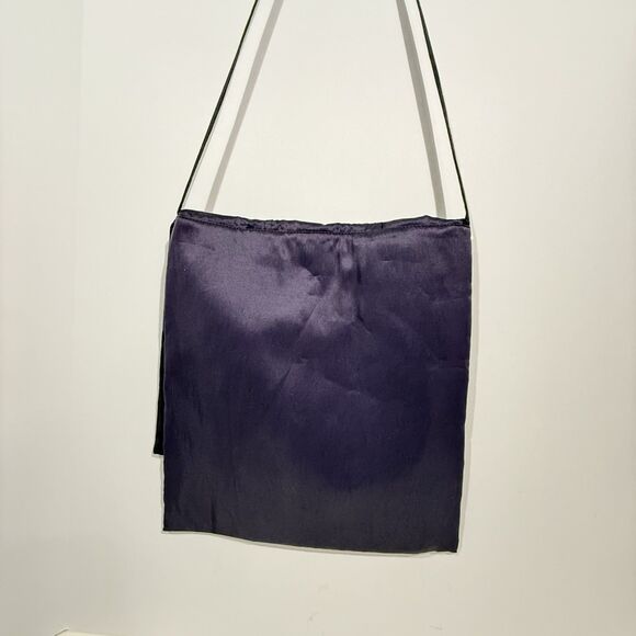 Women Satin Crossbody Shoulder Bag Dark Blue Fold Over Flap 11x12 in - Picture 4 of 16